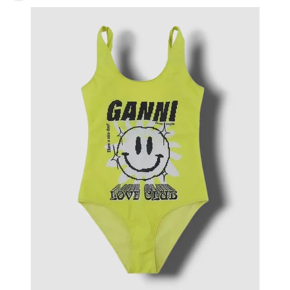 NEW • Ganni • Women's blazing Yellow Recycled Graphic One-Piece Swimsuit Love - Picture 3 of 6
